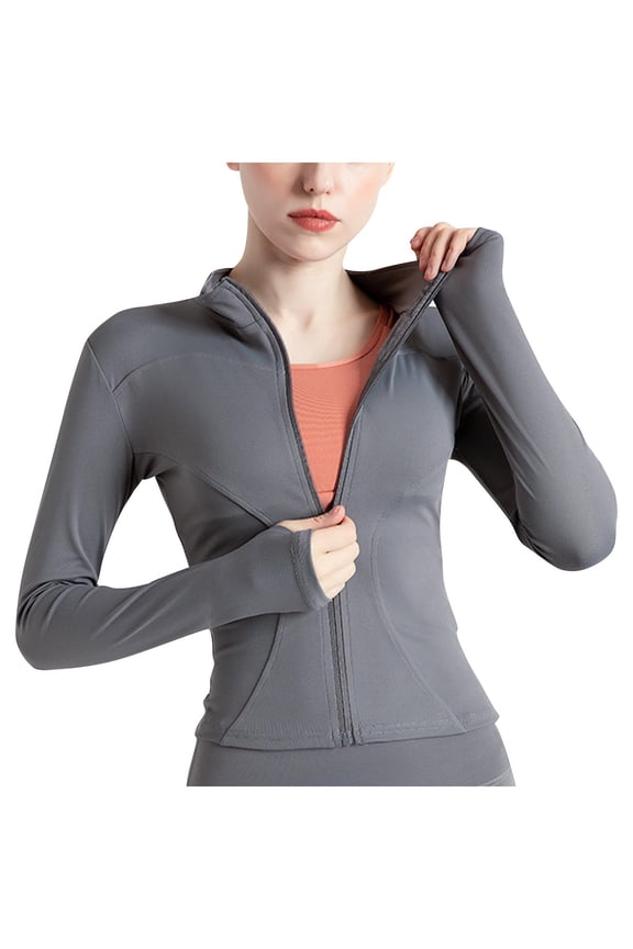 Womens Workout Jackets Full Zip Cropped Top Slim Athletic Running Jackets with Thumb Holes