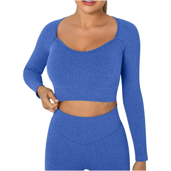 Timegard Womens Yoga Tops with Built in Bra Scoop Neck Long Sleeve Stretch Crop Top Athletic Workout Tops