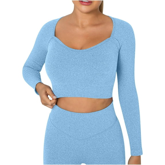 Timegard Womens Yoga Tops with Built in Bra Scoop Neck Long Sleeve Stretch Crop Top Athletic Workout Tops