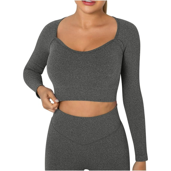 Timegard Womens Yoga Tops with Built in Bra Scoop Neck Long Sleeve Stretch Crop Top Athletic Workout Tops