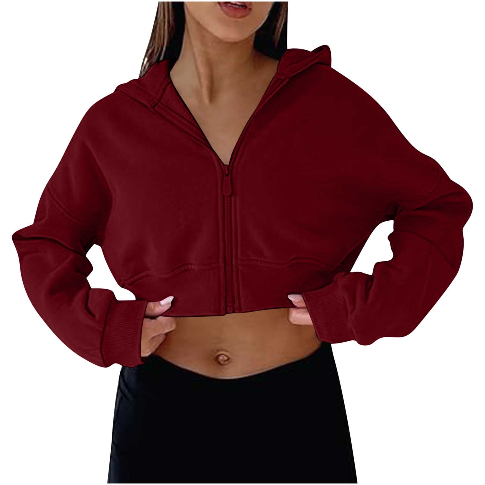 Clothing Red Crop Zip Up Hoodie Over Sized Sweatshirt For Women