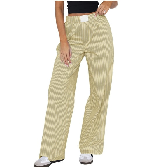 Timegard Work Pants for Women Striped Elastic High Waist Wide Leg Business Casual Loose Trousers Fall