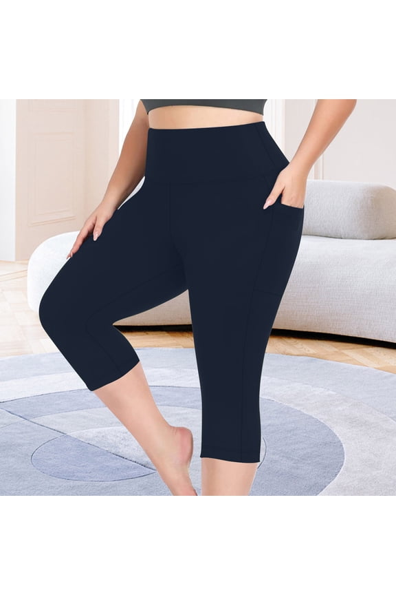 Workout Leggings for Women Plus Size Capris Yoga Pants Stretch Cropped Trousers with Pockets