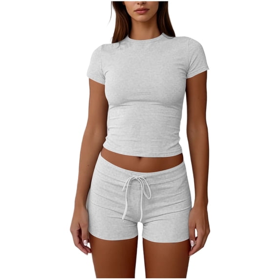 Timegard Workout Sets for Women 2 Piece Summer Casual Athletic Short Outfits Short Sleeve Crop Tops Shorts Slim Clothing