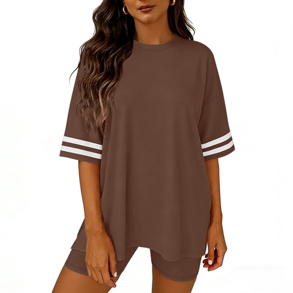 Timegard Workout Sets for Women Drop Shoulder Short Sleeve Loose Tops Shorts Athletic Outfits Summer