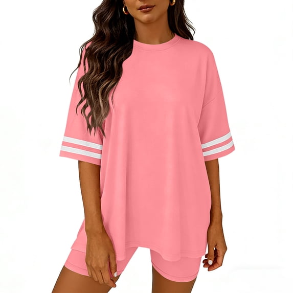 Timegard Workout Sets for Women Drop Shoulder Short Sleeve Loose Tops Shorts Athletic Outfits Summer