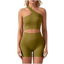 Timegard Workout Sets for Women Irregularly Neck Crop Tank Top Short Legging Yoga Gym Outfits Summer