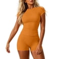 thumbnail image 1 of Timegard Workout Sets for Women Quick Dry Short Sleeve Crop Tops Biker Shorts with Pockets Athletic Running Outfits(Orange,L), 1 of 5