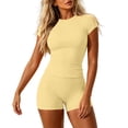 thumbnail image 1 of Timegard Workout Sets for Women Quick Dry Short Sleeve Crop Tops Biker Shorts with Pockets Athletic Running Outfits(Yellow,XL), 1 of 5