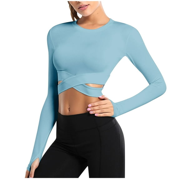 Timegard Workout Tops for Women Crewneck Long Sleeve Cutout Crop Top Skinny Athletic Yoga Gym Top Blouse