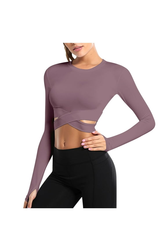 Workout Tops for Women Crewneck Long Sleeve Cutout Crop Top Skinny Athletic Yoga Gym Top Blouse