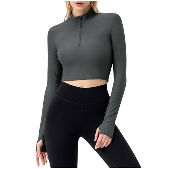 Timegard Workout Tops for Women Half Zipper Long Sleeve Slim Fitting Yoga Tops Gym Running Cropped Tee