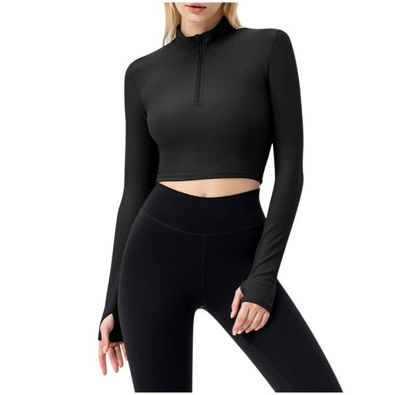 Timegard Workout Tops for Women Half Zipper Long Sleeve Slim Fitting Yoga Tops Gym Running Cropped Tee