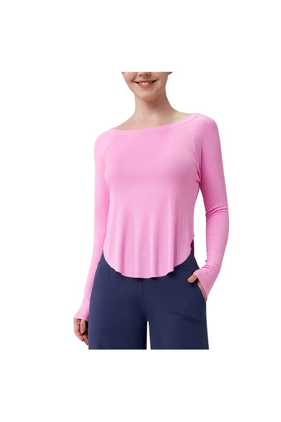 Workout Tops for Women Scoop Neck Long Sleeve Crop Tops Irregularly Athletic Running Tee Shirts