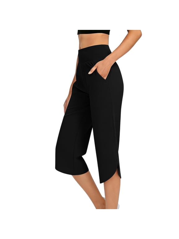 Yoga Capri Pants for Women High Waist Straight Leg Side Split Cropped Gym Workout Pants with Pockets