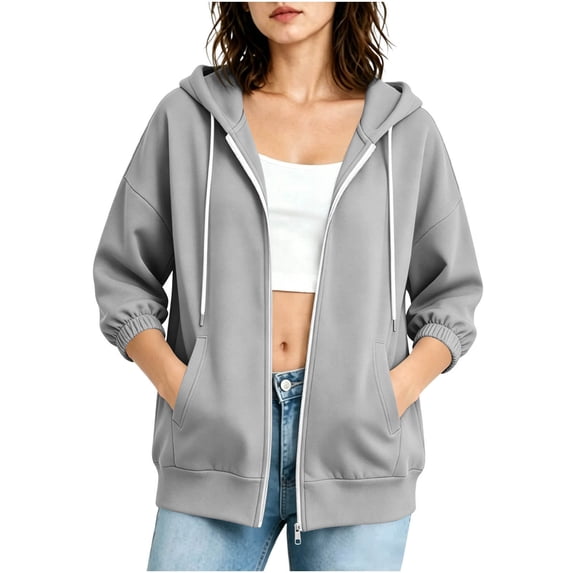 Timegard Zip up Hoodie for Women 3/4 Sleeve Drawstring Sweatshirt Loose Lightweight Casual Comfy Full Zip Jacket(Gray.XXL)