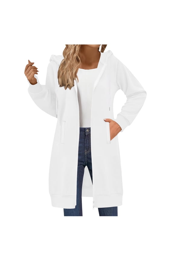Zip up Hoodies for Women Plus Size Sweatshirts Long Coat Fall Winter Outwear with Pockets,White,M