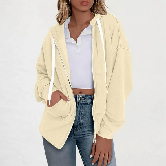 Timegard Zip up Jackets for Women Fall Drawstring Oversized Hoodies Casual Sweatshirts with Pockets