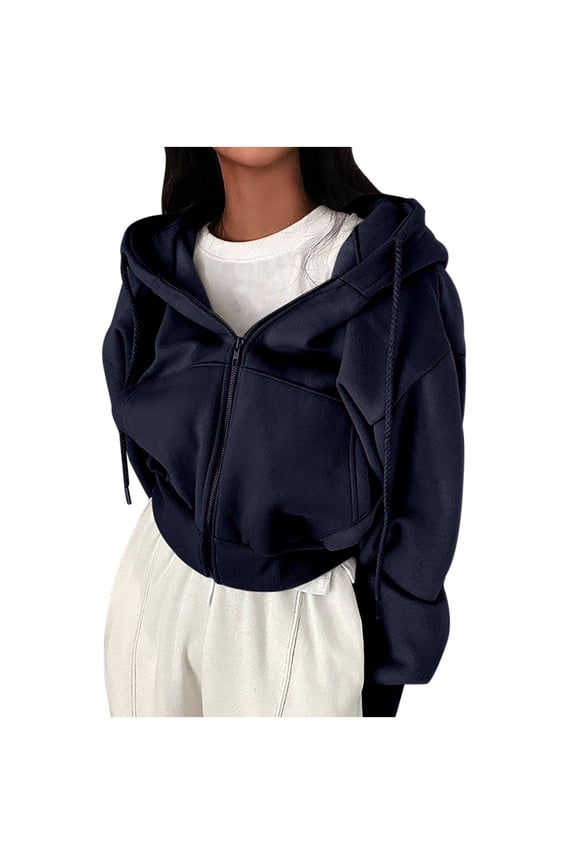Zip up Jackets for Women Cropped Sweatshirts Long Sleeve Fall Loose Outwear with Pockets
