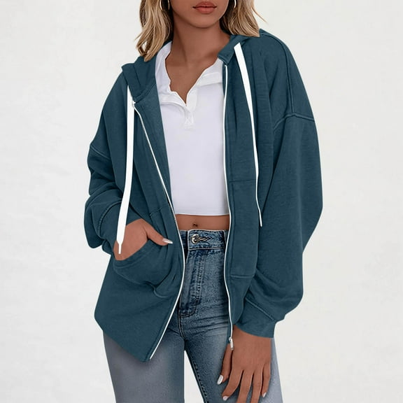 Timegard Zip up Jackets for Women Fall Drawstring Oversized Hoodies Casual Sweatshirts with Pockets