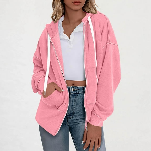 Timegard Zip up Jackets for Women Fall Drawstring Oversized Hoodies Casual Sweatshirts with Pockets