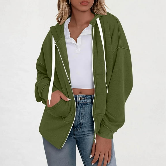 Timegard Zip up Jackets for Women Fall Drawstring Oversized Hoodies Casual Sweatshirts with Pockets