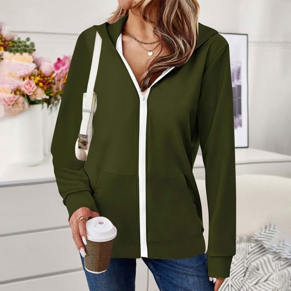 Timegard Zip up Jackets for Women Long Sleeve Hoodies Loose Solid Color Drop Shoulder Sweatshirts Tops
