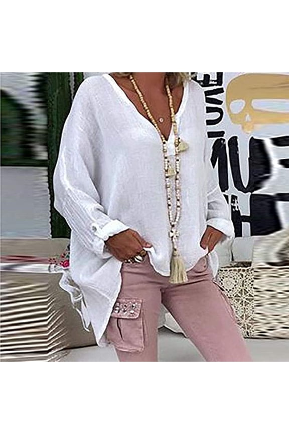 Timegrad Blouses for Women Plus Size V Neck Long Sleeve Tops Flowy Casual Loose Shirts Solid Color