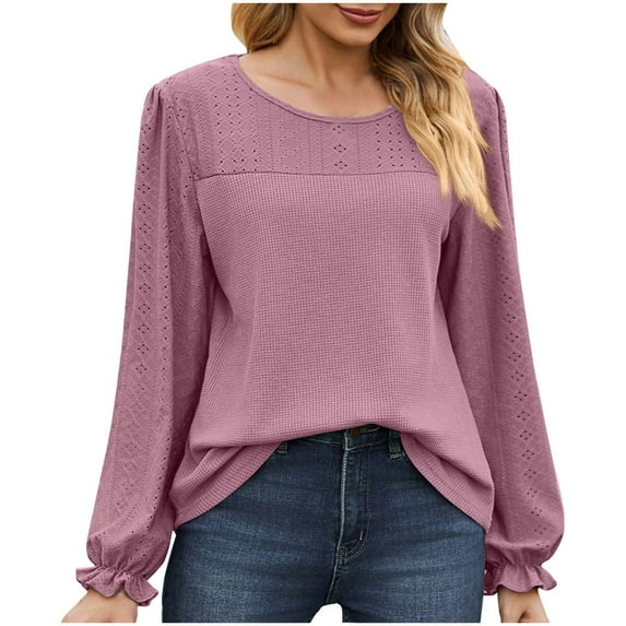 Timegrad Blouses for Women Scoop Neck Eyelet Ruffle Long Sleeve Tops Dressy Casual Loose Comfy Shirt