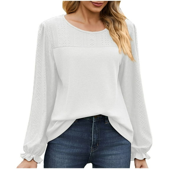 Timegrad Blouses for Women Scoop Neck Eyelet Ruffle Long Sleeve Tops Dressy Casual Loose Comfy Shirt