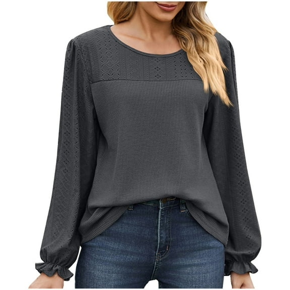 Timegrad Blouses for Women Scoop Neck Eyelet Ruffle Long Sleeve Tops Dressy Casual Loose Comfy Shirt