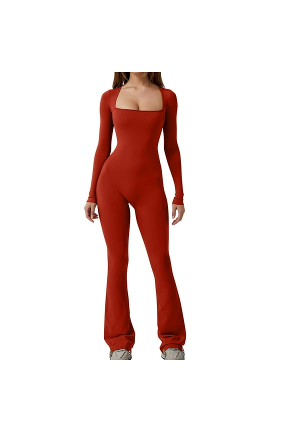 Bodysuit for Women Square Neck Long Sleeve Flare Leggings Slim Jumpsuits Fall Casual Rompers