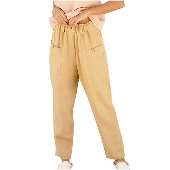 Timegrad Cotton Linen Pants for Women Elastic Waist Casual Lightweight Trousers with Pockets Solid Color