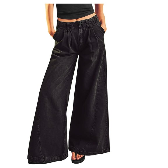 Timegrad Denim Pants for Women Wide Leg Ruched Classic Trousers Fall Casual Loose Jean Pants Streetwear
