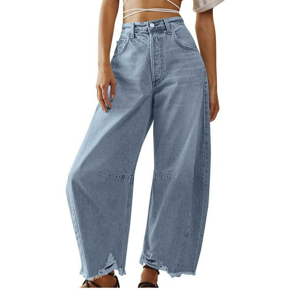 Timegrad Jean Pants for Women Fall Classic Streetwear Wide Leg High Waist Ripped Denim Pants with Pockets