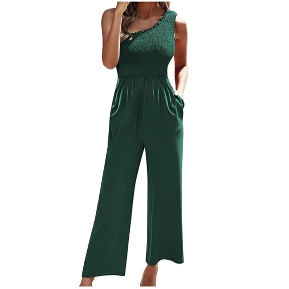 Timegrad Jumpsuit for Women 1 Shoulder Smocked Elastic Waist Wide Leg Rompers with Pockets Comfy Outfits