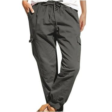 Timegrad Pants for Women Elastic Waist Cargo Pants with Pockets Casual Comfy Trousers Solid Color Fall