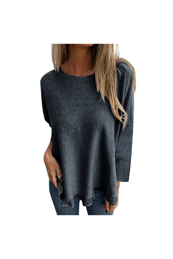 Timegrad Plus Size Tops for Women Fall Casual Loose Drop Shoulder Lace Crewneck Solid Color Blouse Tops