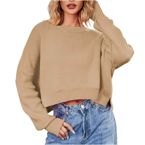 Timegrad Sweaters for Women Cropped Crewneck Pullover Drop Shoulder Casual Long Sleeve Tops Fall Fashion