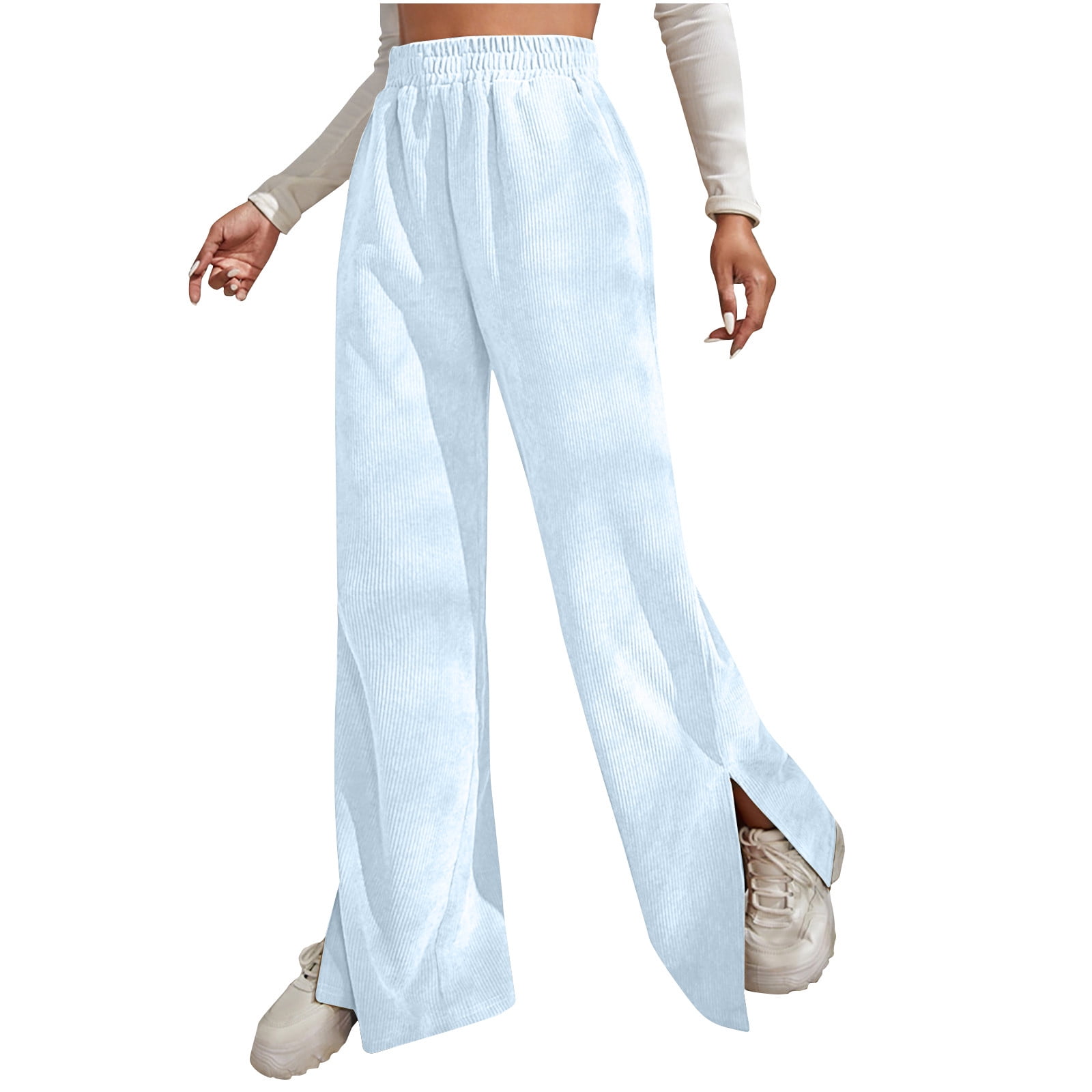 Timegrad Wide Leg Pants for Women Elastic Waist Ruched Side Split