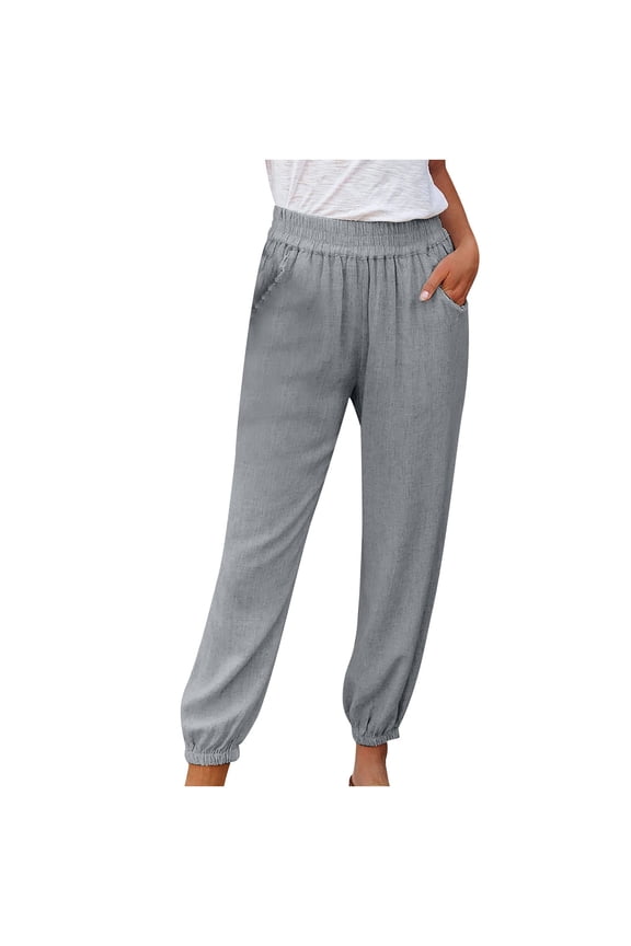 Timegrad Womens Pants Cotton Linen Elastic Waist Ruched Solid Color Pants Fall Casual Trousers Lightweight