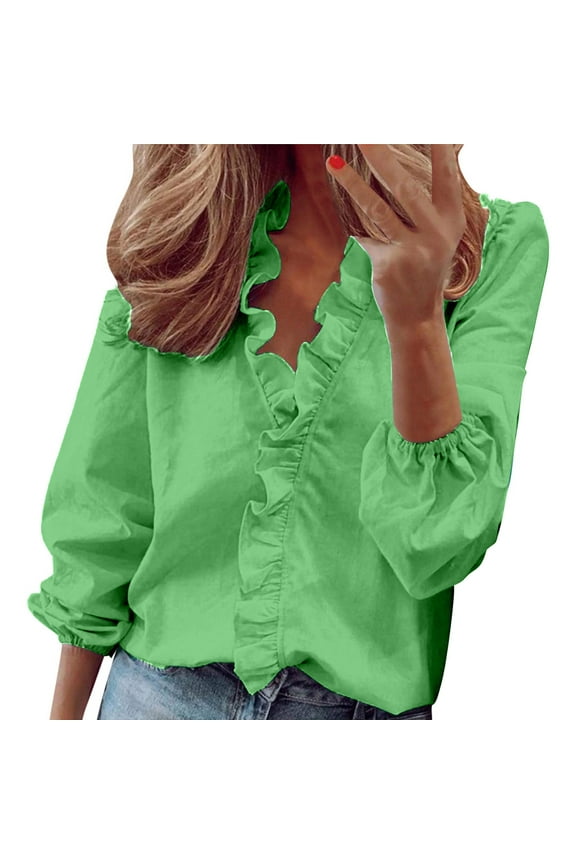 Timegrad Womens Tops Plus Size Ruffle V Neck Long Sleeve Blouse Fall Travel Casual Loose Tee Shirts