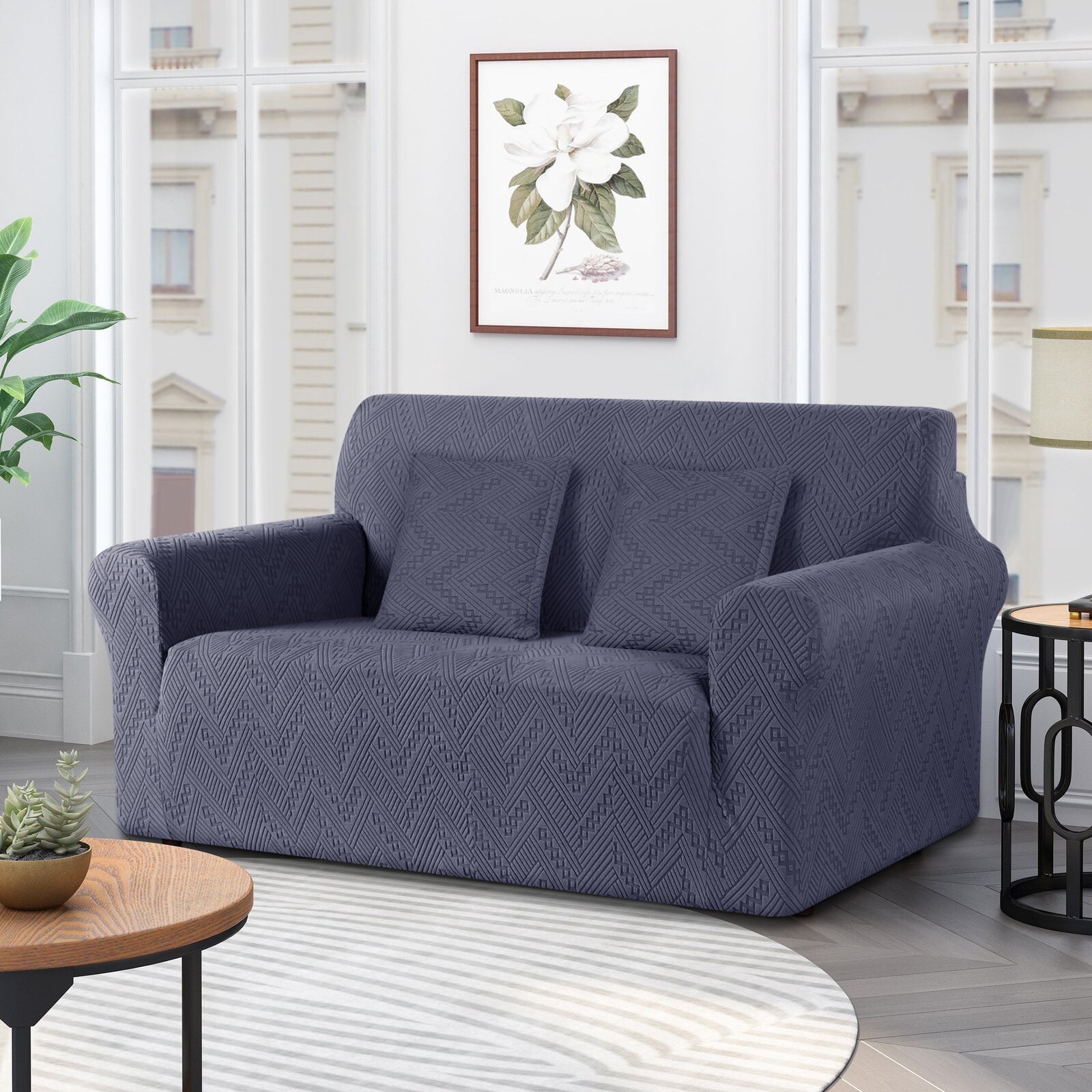 Timeles 1 Piece Stretch Loveseat Sofa Covers Non Slip Couch Covers Soft Jacquard Sofa Slipcover Washable Furniture Protector with 2 Throw Pillow Covers (2 Seater, Gray)