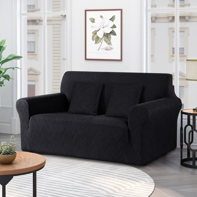 Timeles 1 Piece Stretch Loveseat Sofa Covers Non Slip Couch Covers Soft Jacquard Sofa Slipcover Washable Furniture Protector with 2 Throw Pillow Covers (2 Seater, Black)