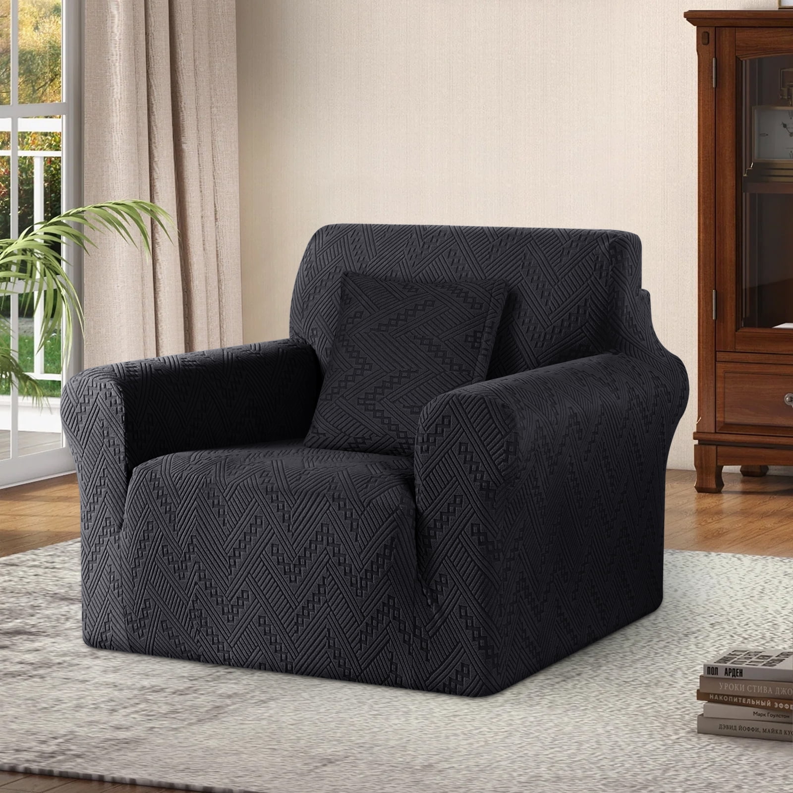 Timeles 1 Piece Stretch Sofa Slipcover Non Slip Armchair Cover Soft Jacquard Couch Cover Washable Furniture Protector with 1 Throw Pillow Cover (1 Seater, Black)