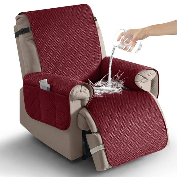 Timeles 100% Waterproof Recliner Covers, Velvet Recliner Chair Covers with Pockets, 1 Seat Recliner Sofa Covers for Kids & Pets (1 Seater 30", Burgundy)