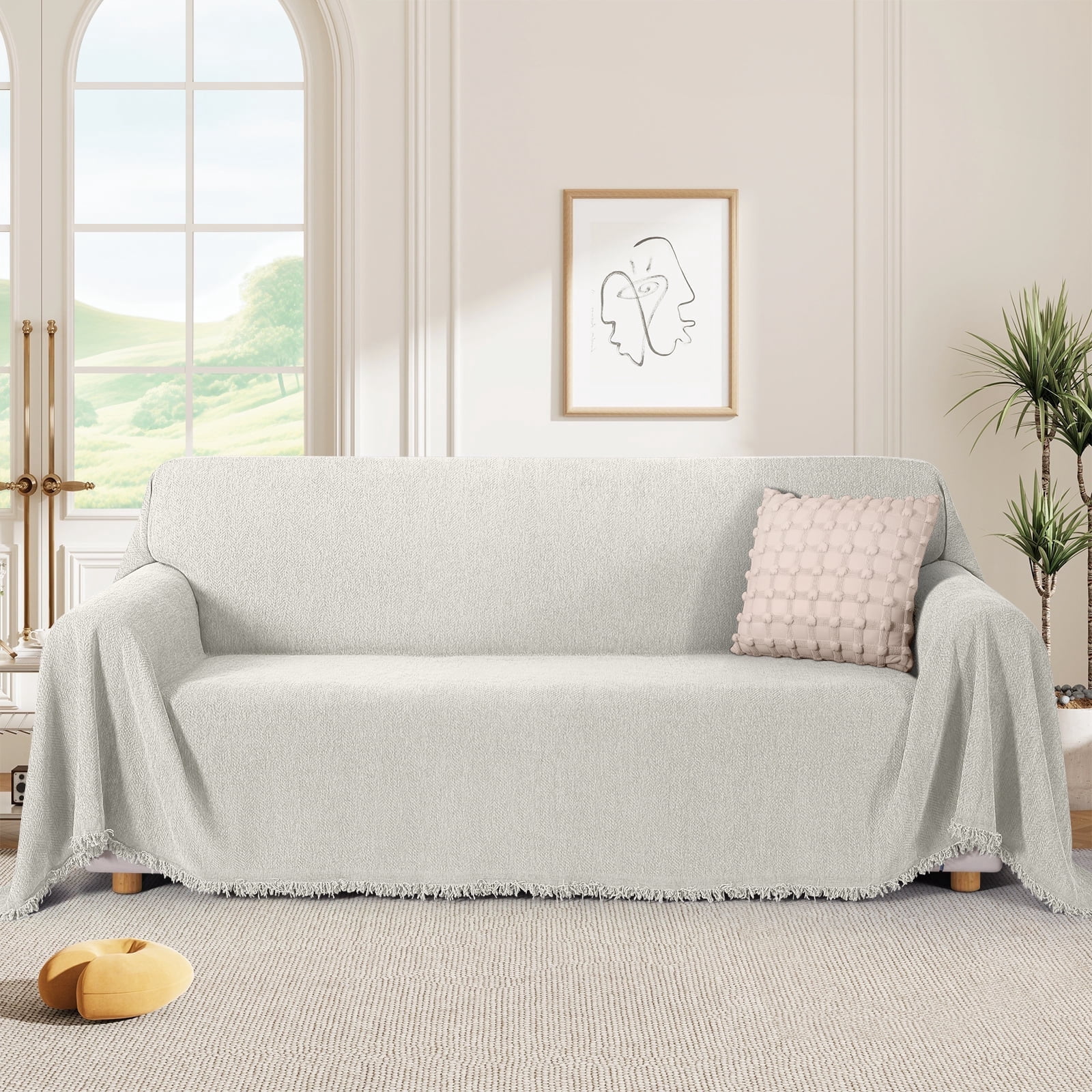 Timeles Couch Covers Washable Loveseat Sofa Covers with Tassels Sofa Blanket Soft and Durable Furniture Protector for Kids Pets (71" x 102", Cream)