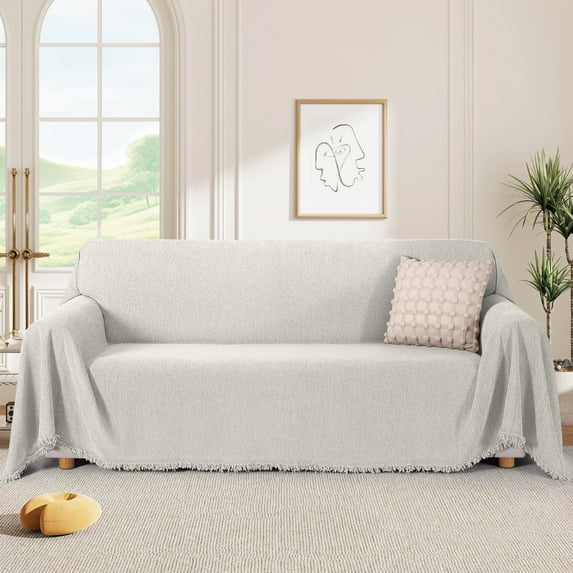 Timeles Couch Covers Washable Oversized Sofa Slipcovers with Tassels Sectional Couch Cover Soft Sofa Blanket Durable Furniture Protector for Kids Pets (71" x 150", Cream)