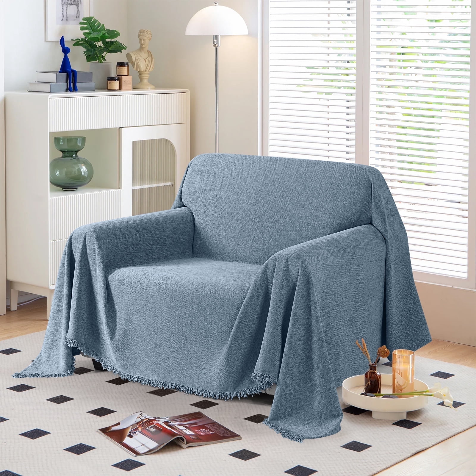 Timeles Couch Covers Washable Sofa Slipcovers with Tassels Sofa Blanket Soft Armchair Cover Durable Furniture Protector for Kids Pets (71" x 71", Blue)