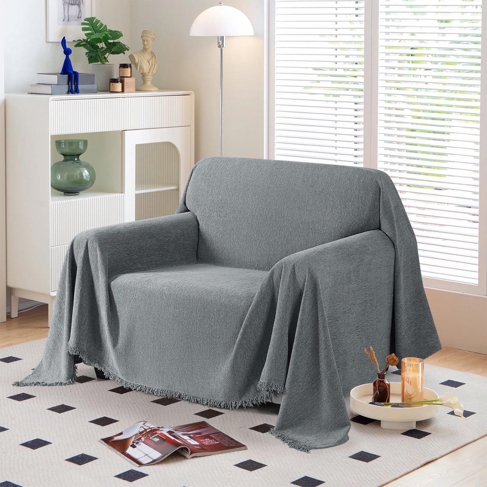 Timeles Couch Covers Washable Sofa Slipcovers with Tassels Sofa Blanket Soft Armchair Cover Durable Furniture Protector for Kids Pets (71" x 71", Grey)